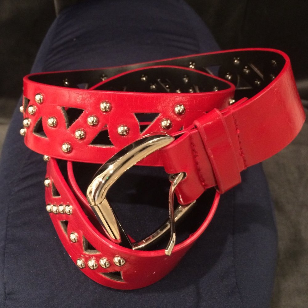 Red Faux Leather Golden Buckle and Tacks Belt